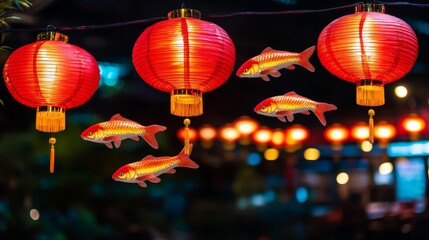 Obraz premium Festive Lanterns and Golden Fish Swim Amidst Night Lights