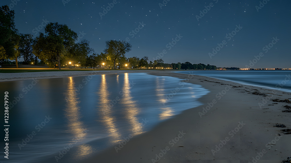 Poster a serene beach at night with shimmering water reflecting lights and stars, surrounded by trees and a