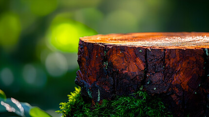 Fototapeta premium Rustic Wooden Stump Display, Forest Background, Product Showcase, Nature Photography