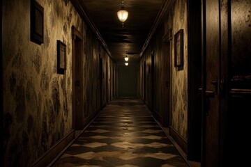 Dark hallway, old hotel, mysterious atmosphere, horror game background