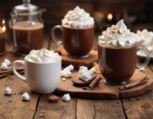 Hot chocolate mugs on a wooden table with whipped cream and marshmallows , marshmallows, hot chocolate