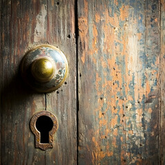 Antique wooden door knob, keyhole, weathered texture, aged wood background, design element