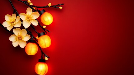 Festive Paper Lanterns and Blossoms on Red Background