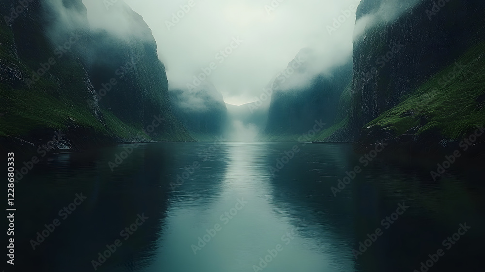 Poster misty mountains surround a serene river, creating a tranquil and atmospheric landscape with reflecti