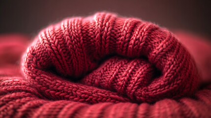 Soft Red Knit Fabric Rolled Warmly Close Up. AI Generated