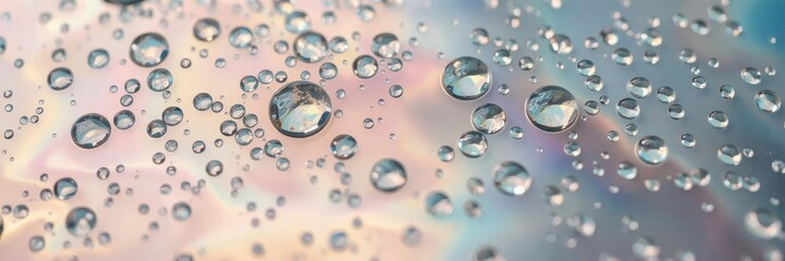 Iridescent macro background of oil drops on the water, floating, glossy