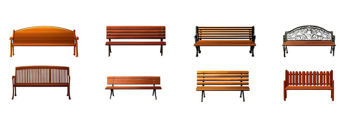 A wooden park bench set vector illustration isolated on white background.