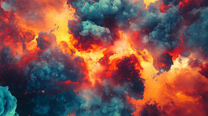 mesmerizing abstract art of teal and fiery explosion with smoke background and intense color contrast for dramatic images or digital design projects