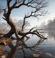 Leafless branches of an ancient tree by the water's edge, woody, reflection, stillness, lonely