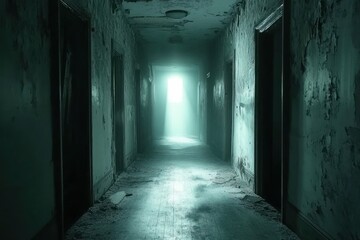 Abandoned hospital hallway, light at end, decay, mystery, horror film