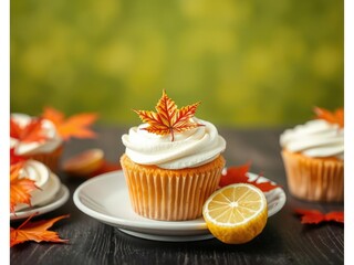 Lemon cupcake topped with a maple leaf design, perfect for autumn, decoration, treat