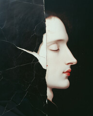 Medieval eternal beauty concept. Creative collage of the beautiful young man using mix of different techniques. Close up portrait. Avant-garde postcard, poster style