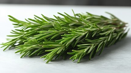 Fototapeta premium Fresh sprigs of rosemary arranged on a light surface.