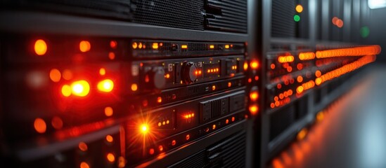 Illuminated server rack in data center.