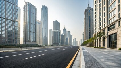 Obraz premium Modern city street with an asphalt road flanked by tall skyscrapers on either side, concrete highway, skyscraper, urban sprawl, city street