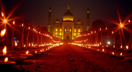 Obraz premium Green shade mosque with hand made diyas flame on mud road corners natural view ai 