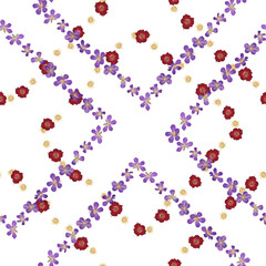 Rhombus of wild flowers seamless pattern. Botanical texture with real pressed dried flowers on white background.