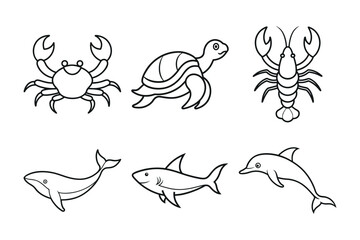 Sea animal line art vector set, Crab, Sea Turtle, Lobster, Blue Whale, Shark, Dolphin. Sea animal bundle line art vector isolated on white background. Collection of outline ocean animal illustrations.