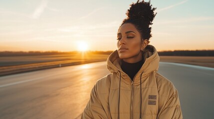 Fototapeta premium Serene Woman in Beige Puffer Jacket at Sunset Peaceful Golden Hour