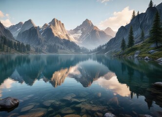 Mountain lake with calm water and reflected peaks in the distance,  water features,  natural beauty,  mountain scenery