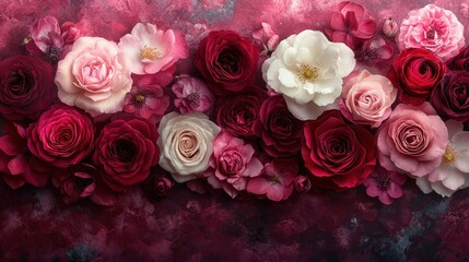 Burgundy and White Roses Floral Composition Watercolor Arrangement Dynamic Flow Wedding Invitation Design