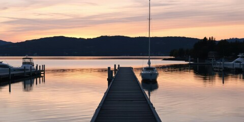 Narrow harbor exit on a serene lakefront at sunset, lake scenery, exit point, harbor entrance