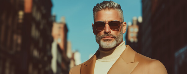 High fashion concept. Portrait of fashionable mature male model walking in luxurious clothing among Paris buildings. Luxury brands campaign style. Banner. Text space. Outdoor shot