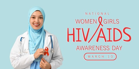 Female Muslim doctor with red ribbon on light blue background. National Women and Girls HIV/AIDS...
