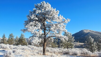  Majestic Pine Tree with Glistening Ice Crystals in a Winter Wonderland. Enchanting Scenery of Nature's Frozen Beauty in a Serene Forest Setting