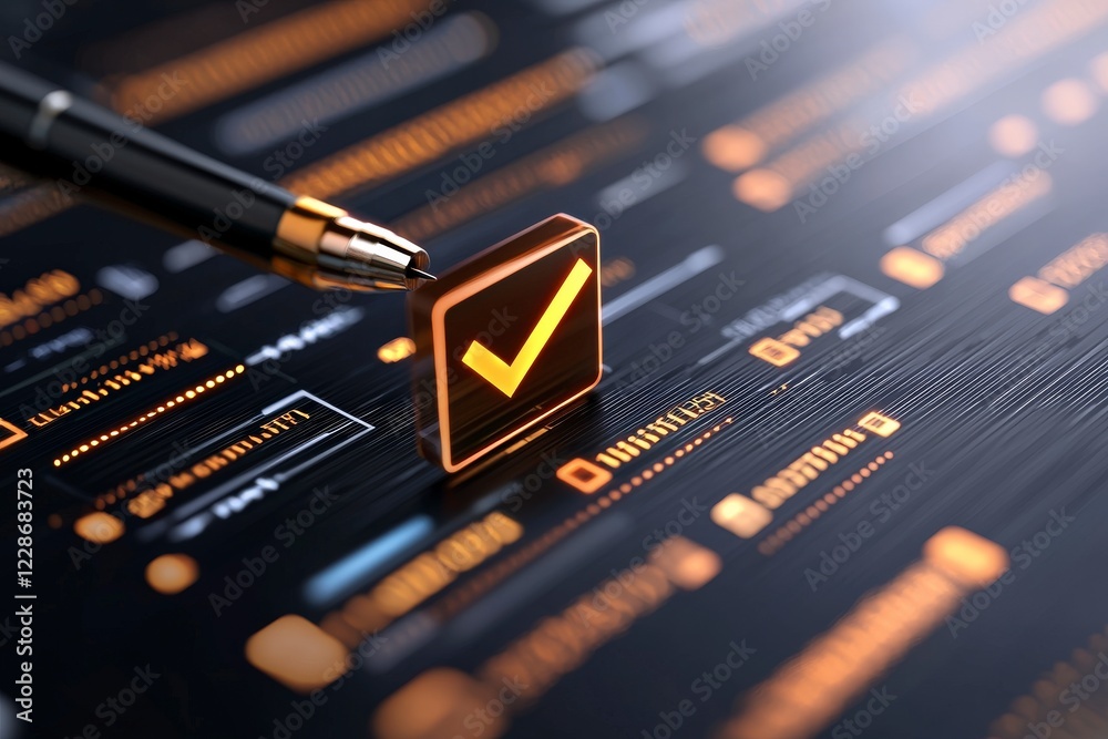 Poster modern digital checkbox with pen on futuristic interface of symbols and data streams representing te