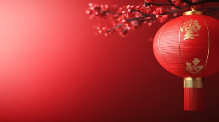 Festive Red Lantern and Blooming Plum Branches for Lunar New Year