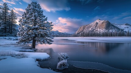 Fototapeta premium Majestic Pine Tree with Glistening Ice Crystals in a Winter Wonderland. Enchanting Scenery of Nature's Frozen Beauty in a Serene Forest Setting