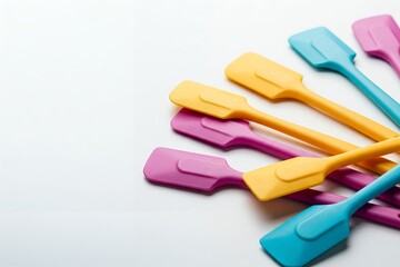 A set of brightly colored silicone spatulas, isolated on white background, high contrast lighting