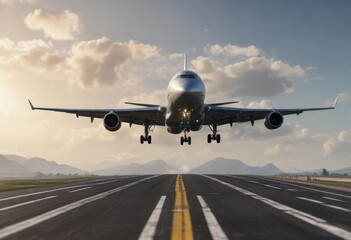 Obraz premium Jetliner on final descent as it touches down on the runway, clouds, aviation, touchdown