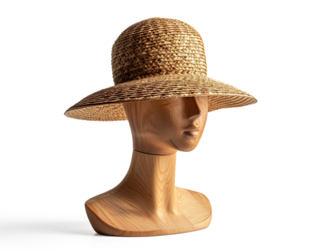 Straw hat on wooden mannequin head of woman on a transparent background - Powered by Adobe