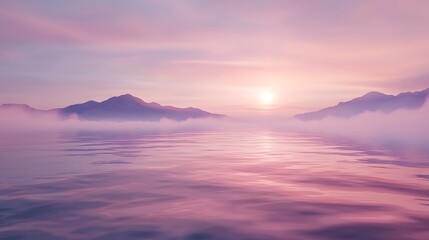 Naklejka premium Serene Sunset Over Misty Mountain Lake