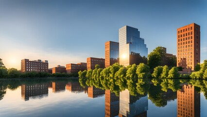Obraz premium Modern cityscape reflected in a calm urban lake at sunrise.
