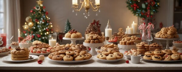 Holiday cookie buffet with a variety of sweet baked goods and festive decorations , holiday celebration, colorful