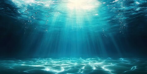 Fototapeta premium Underwater Scene with Sunlight Filtering Through Ocean Waves and Bubbles in Turquoise Abyss