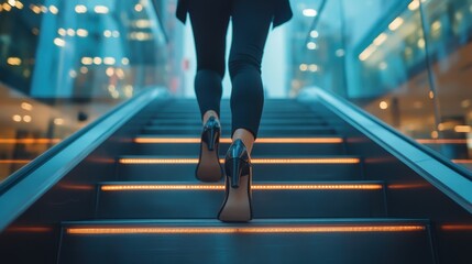 Fototapeta premium Woman in heels ascending an escalator in a modern building. Illustrates career progression, ambition, and upward mobility.