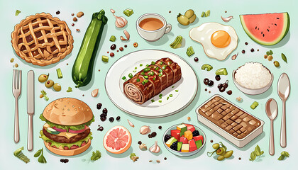 food on the blue table background