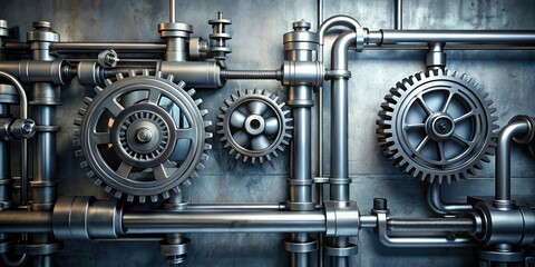Industrial style metal machinery sitting on a silver background with pipes and gears, gear, machinery