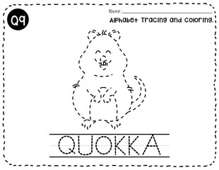 Quokka alphabet Q letter tracing, Animal trace and coloring pages for kid, Coloring pages outline, English vocabulary, Kindergarten and preschool activity, Alphabet tracing worksheet.