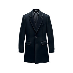 Black Wool Coat with Tailored Fit and Leather Collar Isolated on Transparent Background