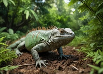 Fototapeta premium Large lau banded iguana crawling through the green underbrush, lau banded iguana, animal, reptile