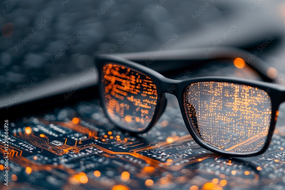 Poster cyber technology reflection in glasses with circuit board background and keyboard elements in modern