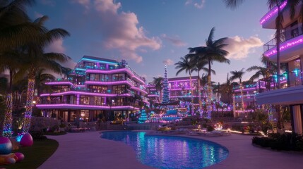 Obraz premium Festive Tropical Resort Illumination at Night