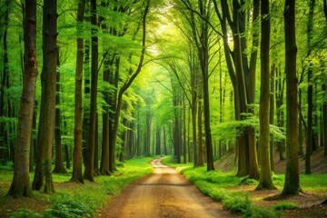 Obraz premium lush forest landscape with tall green trees and a winding dirt path, woodland, forest floor