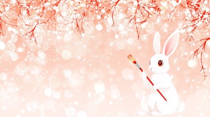 Obraz premium Festive White Rabbit Artist Painting Winter Scene