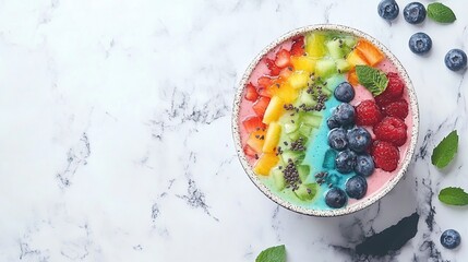 Rainbow smoothie bowl, marble background, healthy breakfast, vibrant fruits